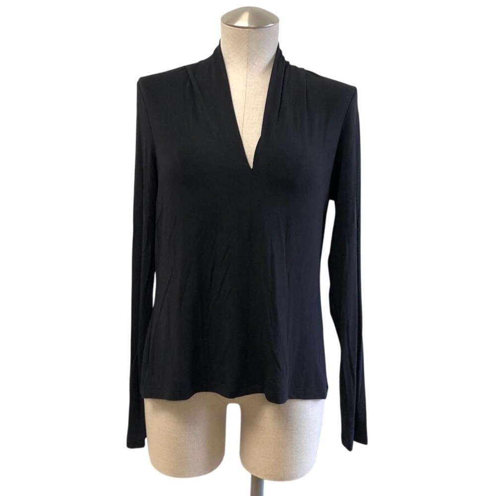 Pearl by Lela Rose Top Womens L Black Deep V-Neck Long Sleeve Pleated Stretch